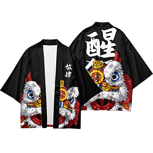 Image of DOSLAVIDA Men's Japanese Kimono Jacket Set Stylish Open Front Coat With Shorts Chinese Style Printed Cardigan Suit