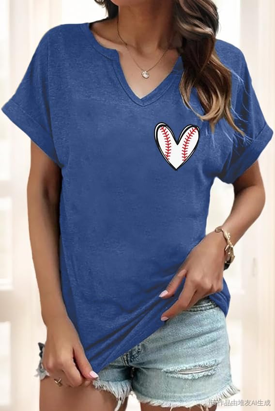Baseball Mama Shirt Baseball Mom Tshirt Game Day V-Neck Short Sleeve Cheer Mom Heart Graphic Tees - Image 3