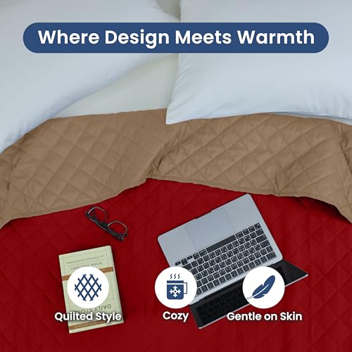 Image of Martex Reversible Coverlet - Full Queen Size Quilt - Lightweight Full Size Bedding- Durable Queen Size Quilts for Bed - Soft - Easy Care Bedding - Khaki /Red