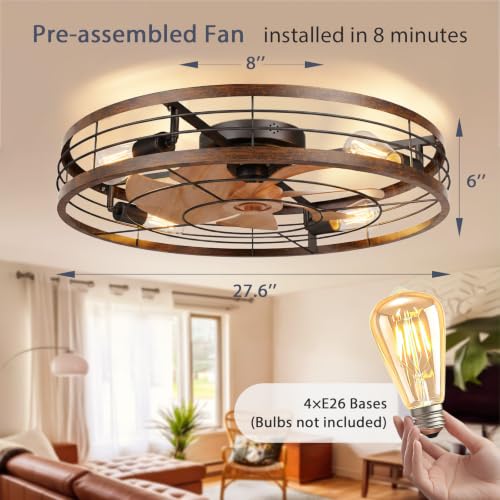 Image of VOLISUN 27.6'' Caged Ceiling Fan with Light and Remote,Rustic Low Profile Ceiling Fan with Light Flush Mount, Farmhouse Bladeless Fandelier Ceiling Fans with Lights for Kitchen,Bedroom-Gold