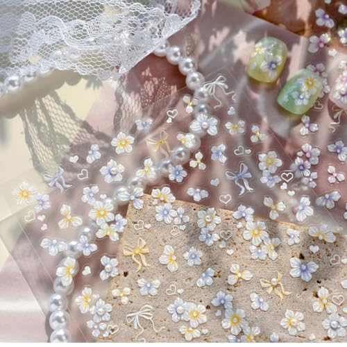 Image of Flower Nail Stickers Decals Holographic Floral Nail Decals 5D Embossed Self Adhesive with Pearl Design for Women DIY Manicure Charms Supply Decoration
