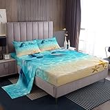 Homewish Cute Dolphin Bed Sheet Set Queen Size,Hawaiian Ocean Style Bedding Set 4pcs for Kids Girls Boys Room Decor,Starfish Beach Sealife Fitted Sheet Sea Blue Top Flat Sheet,2 Pillowcases