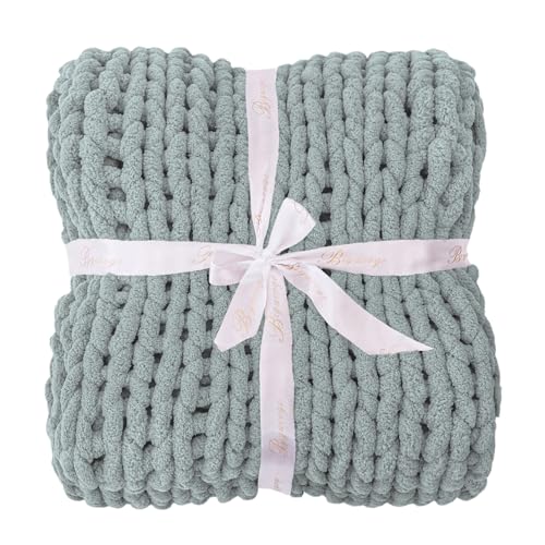 Bigacogo Chunky Knit Throw Blanket for Couch, 51x63 inches, 100% Hand Knitted with Thick Jumbo Chenille Yarn, Cozy Soft Large Rope Knot Cable Crochet Blankets for Sofa Bed Living Room, Misty Green