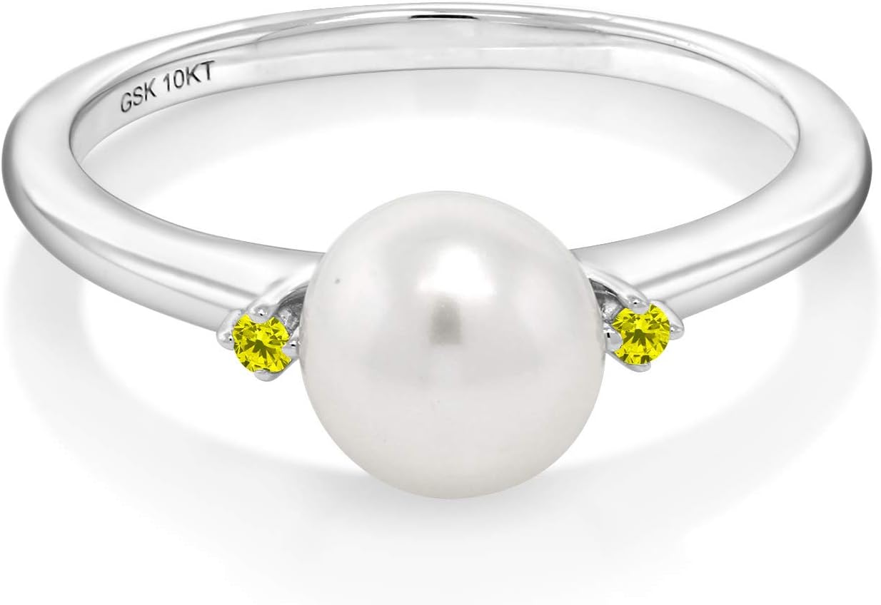 Gem Stone King 10K White Gold 7mm Cultured Freshwater Pearl Women Engagement Ring with Canary Diamond - Image 2
