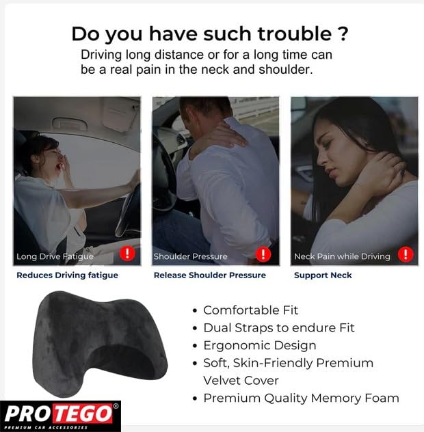 PROTEGO Universal Memory Foam Car Neck Rest Pillow with Washable Velvet Cover | Relieves Neck Pain | Ergonomic Support Orthopedic Cushion Ultra Soft| for All Hatchback SUV Sedan Cars |Black (Curve)