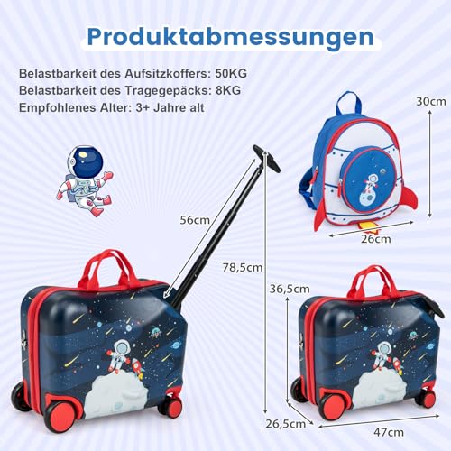 COSTWAY 2-częściowy zestaw bagażu dziecięcego + plecak, walizka 12"+18" na kółkach z wodoodporną twardą obudową, dziecięcy bagaż z paskiem, liną i podnóżkami, walizka na kółkach dla chłopców i