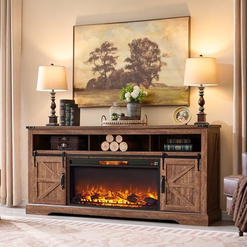 OKD Fireplace TV Stand for 80 Inch TV, 33" Tall Highboy Farmhouse Entertainment Center w/ 36'' Electric Fireplace, Rustic Media Console w/Sliding Barn Door for Living Room, Reclaimed Barnwood - Thumbnail 3