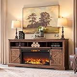 OKD Fireplace TV Stand for 80 Inch TV, 33' Tall Highboy Farmhouse Entertainment Center w/ 36'' Electric Fireplace, Rustic Media Console w/Sliding Barn Door for Living Room, Reclaimed Barnwood