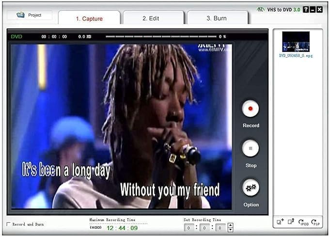 Screenshot of a video capture software interface (VHS to DVD 3.0) showing options for capture, edit, and burn, with a video playing.