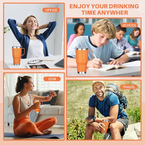 Image of 30 oz Tumbler with Handle, Stainless Steel Insulated Tumbler with Lid and Straw, Double Wall Vacuum Coffee Mug Tumbler, Insulated Coffee Thermal Cup for Cold and Hot (Orange)