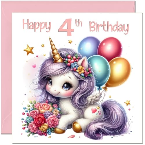 Carte d'anniversaire 4 ans pour filles – Adorables ballons licornes mignonnes pour filles – Carte d'anniversaire licorne pour enfants de 4 ans, 4 ans