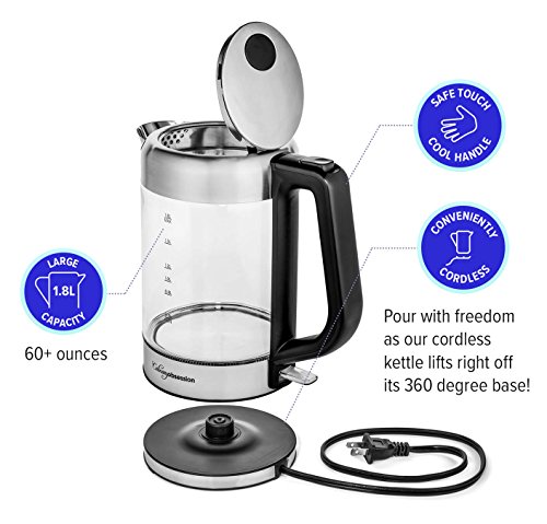Glass Electric Kettle | Bpa Free With Borosilicate Glass & Stainless Steel - 1.8 Liter Rapid Boil Cordless Teapot With Automatic Shut Off - The Best Hot Water Heater For Tea, Coffee, Soup, And More! #TOP1