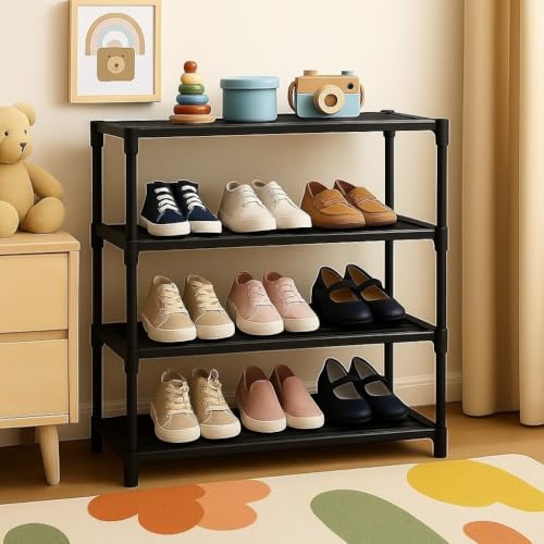 AYSIS Folding Shoe Rack 4 Tier with Shelf | Portable Space Saving Shoe Storage Stand for Bedroom, Living Room & Entryway | Footwears Organizer for Sho
