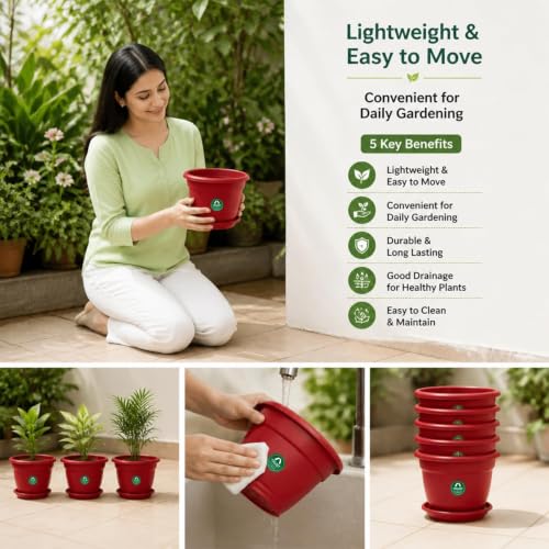 Image of TrustBasket Plastic Pots with Bottom Plates - 12 Pcs (14 inch) | Gamla for Plants with Saucer | Pots and planters with Tray | Garden pots & Bottom Plates