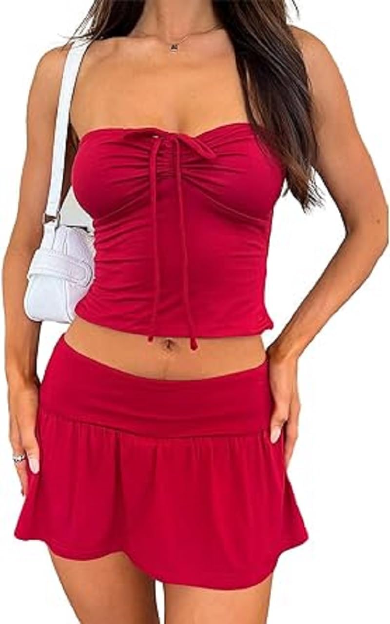 Womens Crop Top+Skirt Sets with Shorts Two Piece Outfits Skorts Set Streetwear Half skirt set