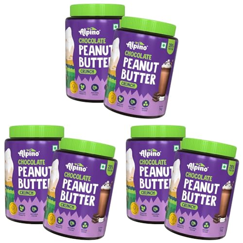 Image of ALPINO Chocolate Peanut Butter Crunch 2kg (1kg Pack of 6) - Roasted Peanuts, Chocolate Paste & Brown Sugar - 26% Protein, Source of Healthy Fats