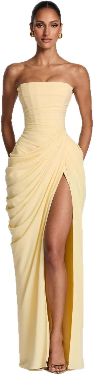 Women's Slit Dress Ruched Design Soft Polyester Fabric Club Night Outfit Strapless Bridesmaid Dresses Elegant Formal Wedding Guest Dress