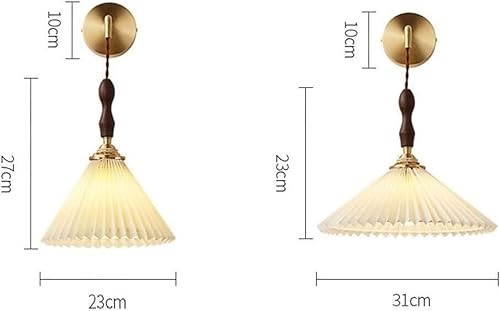 Miniatura 6 de Mid Century Modern Wall Sconce Vintage Pleated Fabric Shade Gold Wood Farmhouse Lighting E26E27 Base for Bedroom Living Room(Diameter 23cm)