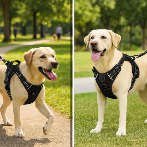 Image of Lyrovo Adjustable No-Pull Dog Harness with Leash Set for Small, Medium & Large Dogs - Reflective, Breathable, Comfortable Vest Harness for Training & Walking (Black, M (14-22Kg))