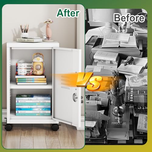 Image of PAOFIN Metal Locker Cabinet,Under Desk Metal Vertical Filing Cabinets with Shelf and Wheels for Home Office Organizer Letters, Employees, White (Required Assembly)
