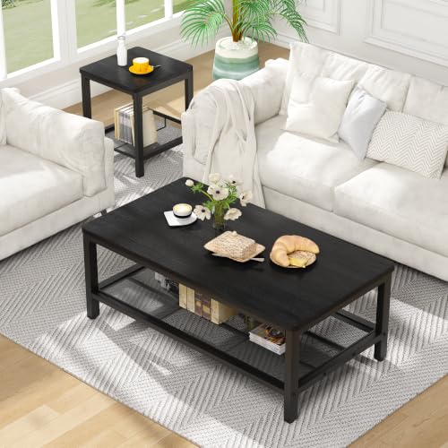 Image of 3-Piece Coffee Table and End Table Sets for Living Room, Industrial Coffee Table Set of 3 with Storage, Modern Farmhouse Rustic Living Room Table Set for Apartment Home Office