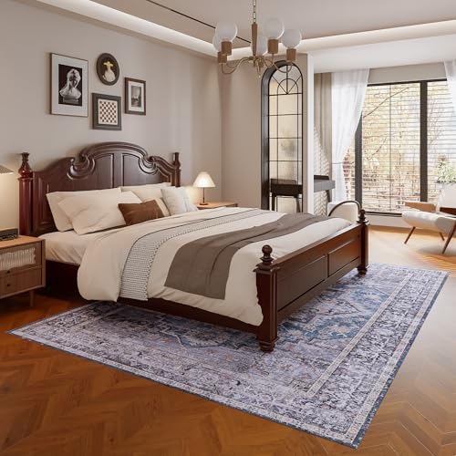 Vintage 9x12 Washable Area Rug, Low-Profile Large Area Rug with Non-Slip Backing & Durable Edge Binding, Pet-Friendly Carpet, Large Rug for Living Room, Bedroom & Dinning Room