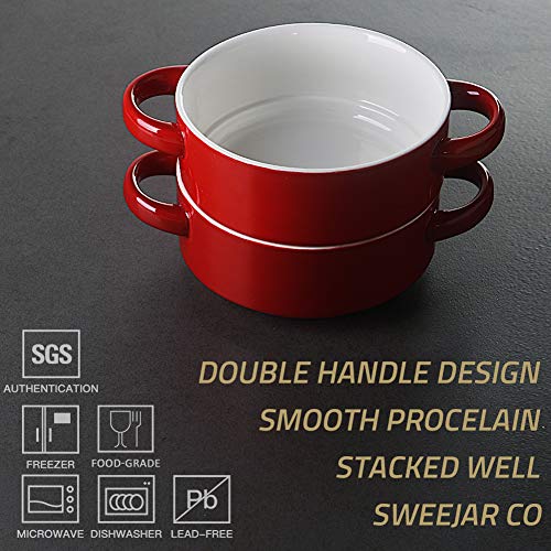 Image of Sweejar Ceramic Soup Bowls with Double Handles, 20 Oz Stacked Bowls for French Onion Soup, Cereal, Pot Pies, Stew, Chill, Pasta, Set of 4 (Red)