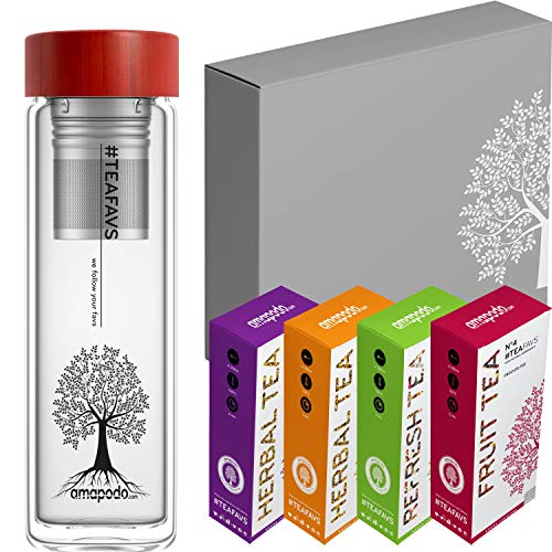 amapodo Set de Regalo de Té, Botella de Té + Té de hierbas + Té de frutas [4x tés =480g] empaquetado en caja de Regalo, Regalo de agradecimiento, Regalos para mujeres ofertas para amantes del Té Cover
