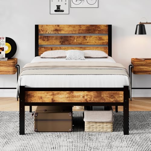 Rukboo Twin XL Bed Frame with Headboard and Footboard, Noise Free, No Box Spring Needed, All-Metal Support System,with Under Bed Storage, Easy Assembly, Rustic Brown