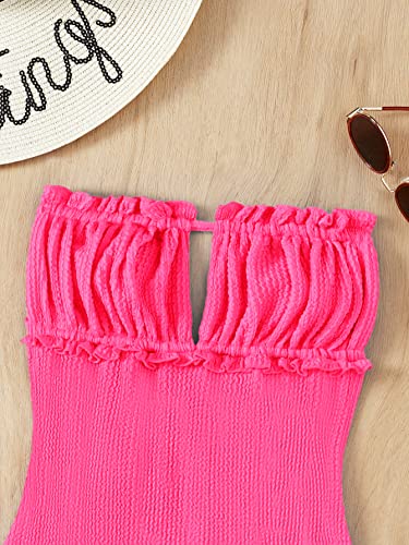 Wdirara Women's Cut Out Frill Trim One Piece Bandeau Swimsuit Monokini Fluro Pink L #TOP2