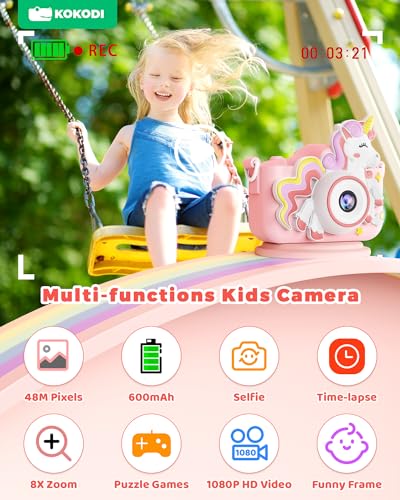 Image of KOKODI Kids Camera Toy Digital Camera for Kids, Birthday Gifts for Girls Age 3-12, 1080P HD Video Camera for Toddler, Unicorn Children Toys for 3 4 5 6 7 8 9 Year Old Girls with 32GB SD Card