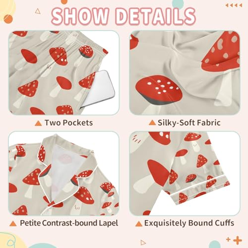 senya Red Mushrooms M Satin Summer Pajama Sets Silk Short Sleeve Button Down Sleepwear3