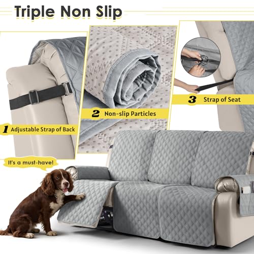 Image of TAOCOCO Recliner Sofa Protector,3 Seater Recliner Covers,Waterproof Recliner Sofa Covers,Non Slip Recliner Chair Covers,Armchair Covers for Pets,Reclining Sofa Covers with Pockets(Light Grey)
