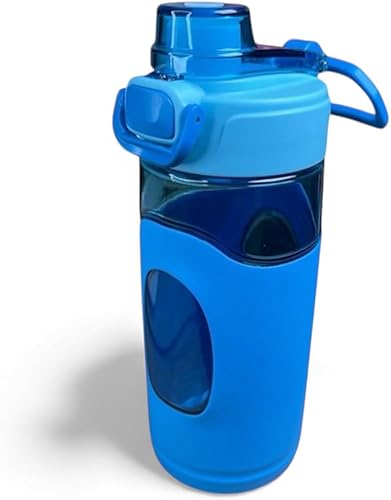 Botella de agua deportiva con tapa abatible, contenedor de bebida de plástico azul, botella de hidratación portátil a prueba de fugas