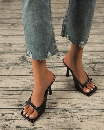 Open Square Toe High Heels Slides for Women Stilettos Heeled Sandals Adjustable Single Band Slip on Comfort Sexy Dress Heeled Mules4
