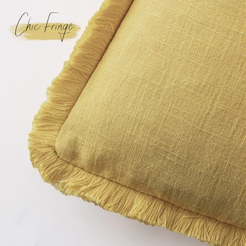 Image of Foindtower Set of 2 Decorative Linen Fringe Throw Pillow Covers Cozy Boho Farmhouse Cushion Cover with Tassels Soft Accent Pillowcase for Couch Sofa Bed Living Room Home Decor,18x18 Inch,Ginger Yellow