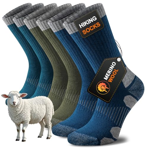 Niorasen Merino Wool Hiking Socks for Men & Women Thick Cushioned Walking Socks Seamless & Breathable Anti-Blister Crew Socks for Sports Running Outdoor Work Cycling Trekking 3 Pairs Unisex