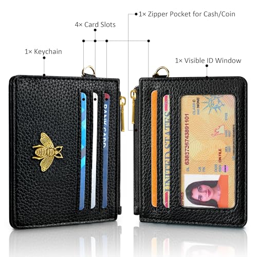 Image of SEAVILIA Card Holder Keychain Wallet for Women with ID Window RFID Coin Purse Bee Gifts Slim Minimalist Small Wallet