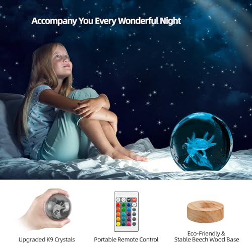 Image of 3D Axolotl Crystal Ball Night Light with Remote, Upgraded 3.15 Inch Axolotl Glass Ball Lamps with 16 Color LED Wooden Base for Birthday Holiday Xmas, Cool Axolotl Toy Decor Gifts for Boys Girls Kids