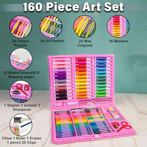 Image of WISHKEY 160 Pieces Art Set for Kids Unicorn Theme with Case, Art and Craft Supplies Kit for Drawing and Painting, Color Set with Markers, Water Colors, Brush, Color Pencils, Crayons (Pack of 1, Pink)