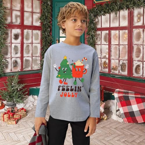 Kids Christmas Shirts Girls Boys Feelin Jolly Long Sleeve T-Shirts Xmas Tree Hot Cocoa Graphic Tee Holiday Fall Tops3