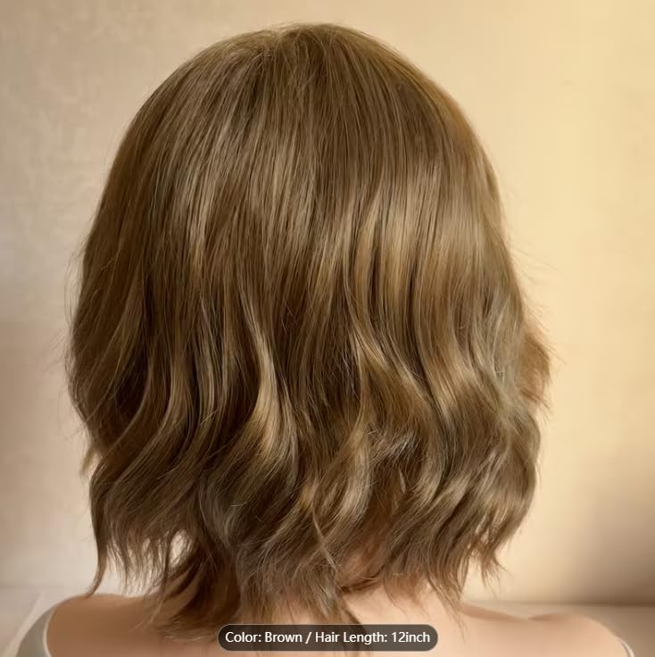 Image of Brown Heat-Resistant Wavy Wig with Bangs Women's Shoulder-Length Synthetic Hairpiece for Daily Use and Halloween (Brown)