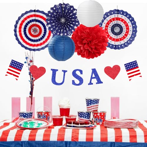 Image of Red-White Blue Memorial-Day Patriotic Decorations - 21pcs 4th Fourth of July Americana Banner Garland,Independence Party Decor Paper Streamers Lanterns,Flower Tissue Pom Poms Fan Supplies Huglony