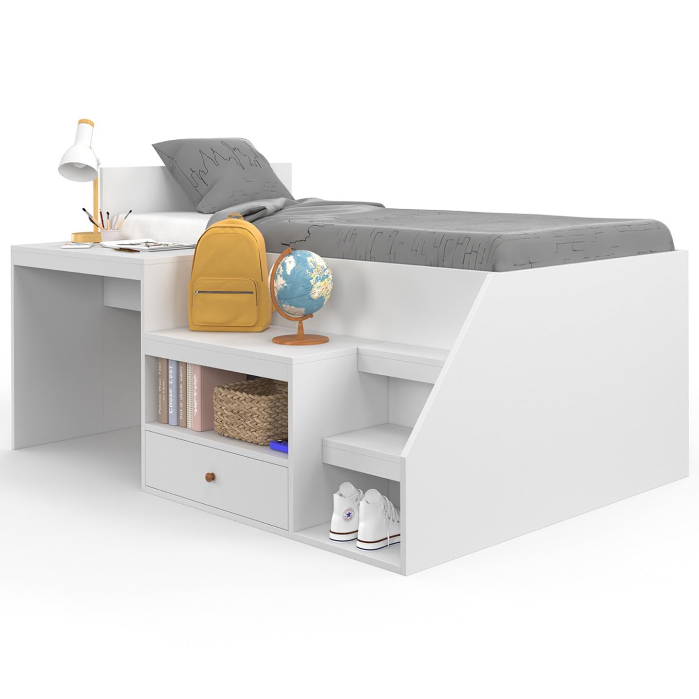 IDMarket - Cama combinada con somier, escritorio y almacenamiento Leopold 90x190 cm, color blanco