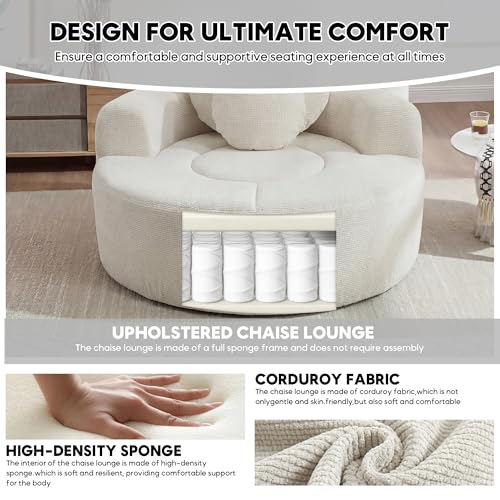 Image of Oversized Round Chair Lounge Chaise Indoor, 54.3 inch Upholstered Corduroy Deep Seat Single Cloud Sofa Chair with Heart-Shaped Pillow Modern Large Circle Boneless Couch for Living Room, Beige White