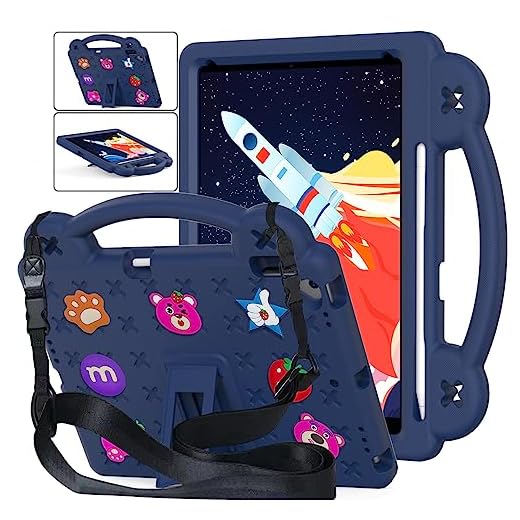 Billionn Capa infantil DIY para iPad 9ª/8ª/7ª geração, iPad 10.2 2021/2020/2019 capa à prova de choque para crianças com suporte de lápis alça de ombro, azul marinho - B