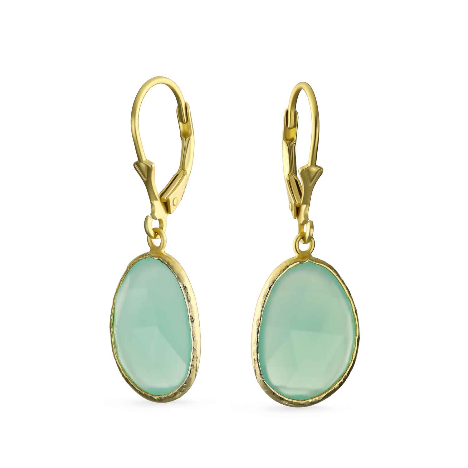 Eleganter Ovaler Facettierter Pastellstein Mit Hängefassung: Lever-Back-Ohrringe Und Halskette - Rosa, Aqua, Mintgrün, Simulierter Chalcedon, 14 Karat Vergoldetes .925 Sterling Silber