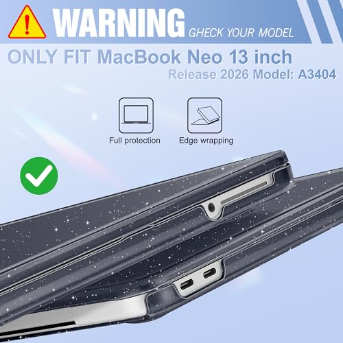 Image of May Chen Compatible with MacBook Neo 13 inch Model A3404 2026 Release, Slim & Lightweigh Frosted Finish Protective Case with Keyboard Cover&Screen Protector, Glitter Black