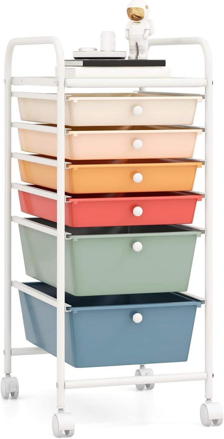 GIANTEX Carro de Almacenamiento con 6 Cajones, Cajonera con 4 Ruedas(2 con Frenos), Tablero y Marco de Metal, Cajones Plásticos, Carrito Auxiliar para Oficina, Dormitorio, Baño (Macaron)