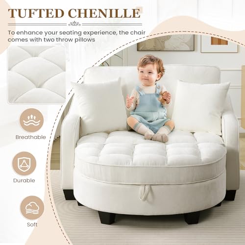 Image of Oversized Chair and A Half, Chenille Tufting Accent Cozy Reading Sofa Chair with Storage Ottoman, Upholstered Loveseat Chaise Lounge Sofa with Adjustable Back for Living Room, Office, Sunroom, Beige
